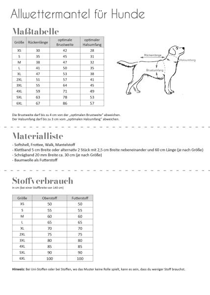 Tabellen Papierschnittmuster - Allwettermantel Hunde, Fadenkäfer